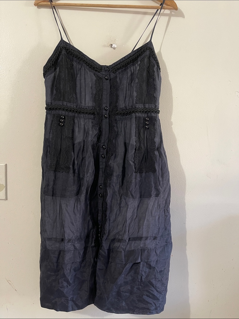CHARLES CHANG LIMA Black Spaghetti-Strap Button-Front Midi Dress with Lace Trim